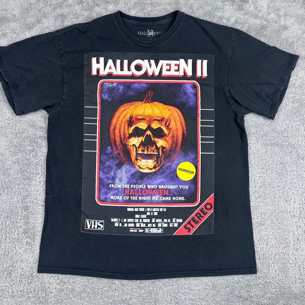 Halloween II T-Shirt Mens Large Black Horror Movie VHS Graphic Michael Myers Tee